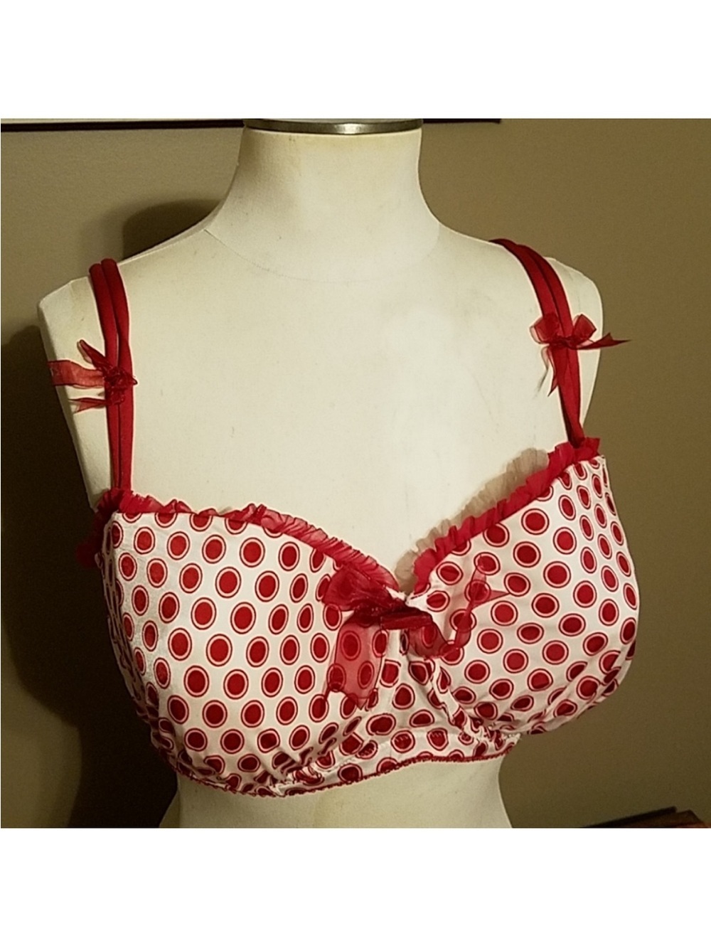 CACIQUE Polka Dot Print Ruffle Bow Retro Pinup Balconette Bra Coquette SZ 42D